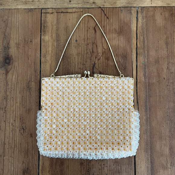 vintage Hong Kong handmade round beaded gold lining serpentine handled purse - Picture 3 of 12